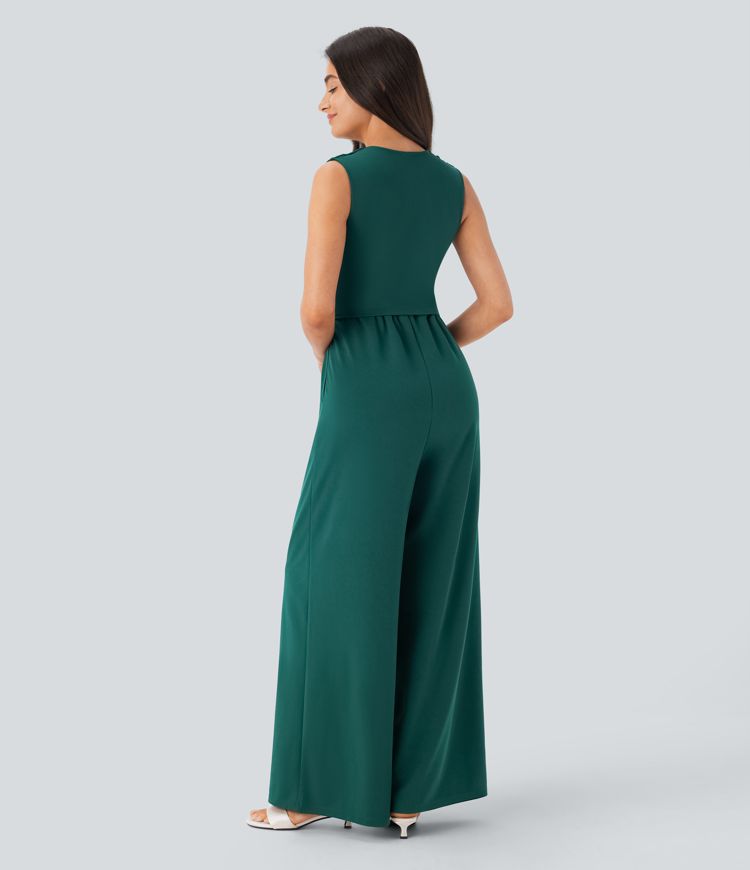Combinaison de fête sans manches froncée avec décolleté en V, poches latérales et fermeture éclair invisible - Easy Peezy