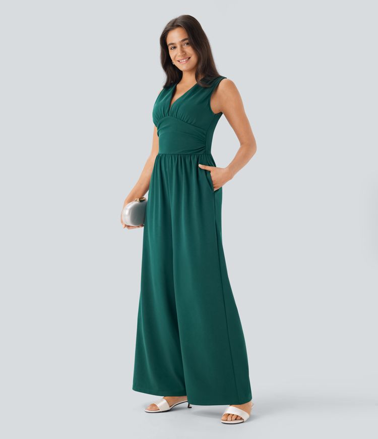 Combinaison de fête sans manches froncée avec décolleté en V, poches latérales et fermeture éclair invisible - Easy Peezy
