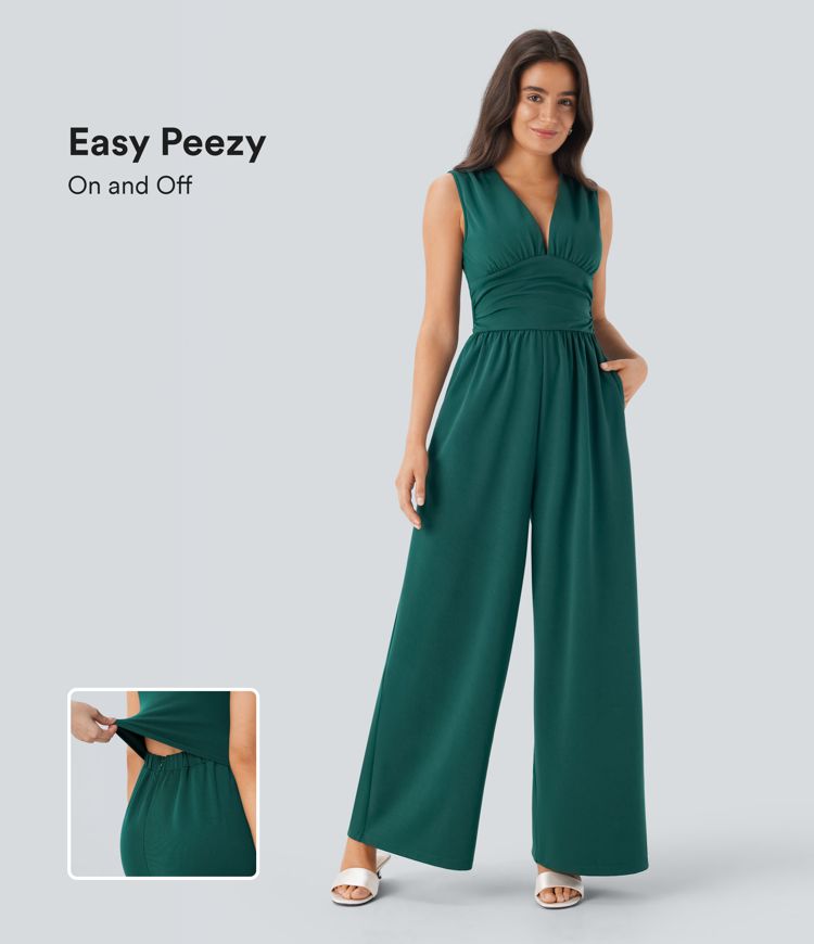 Combinaison de fête sans manches froncée avec décolleté en V, poches latérales et fermeture éclair invisible - Easy Peezy