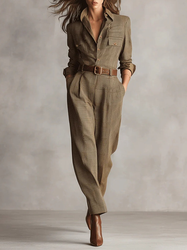 Mellura™ - Skräddarsydd Tweed-Rutig Jumpsuit med Förfinade Detaljer