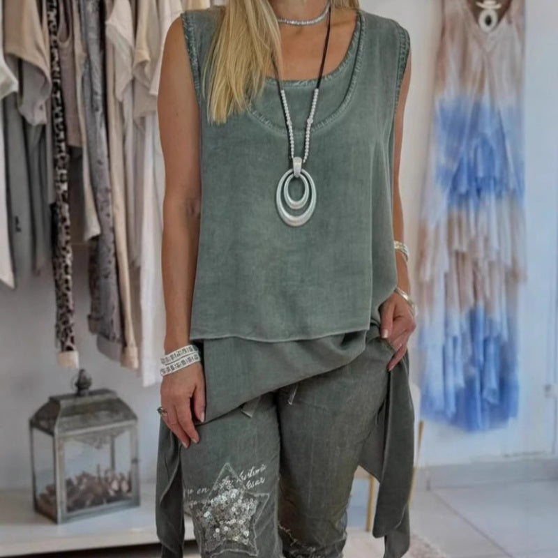 Malia™ | Ensemble Deux Pièces Chic – Haut Sans Manches + Pantalon Imprimé