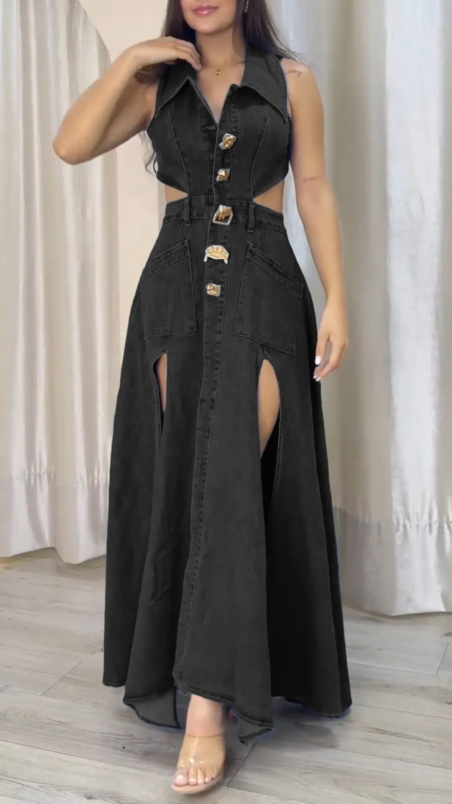 Mila - Robe Fendue en Denim Ajouré