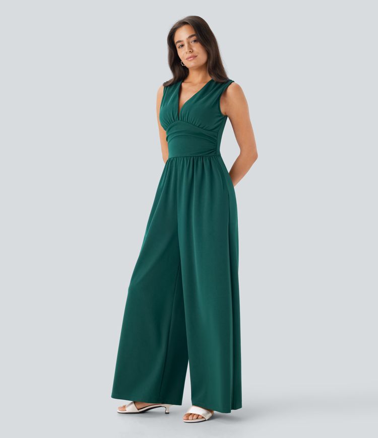 Combinaison de fête sans manches froncée avec décolleté en V, poches latérales et fermeture éclair invisible - Easy Peezy