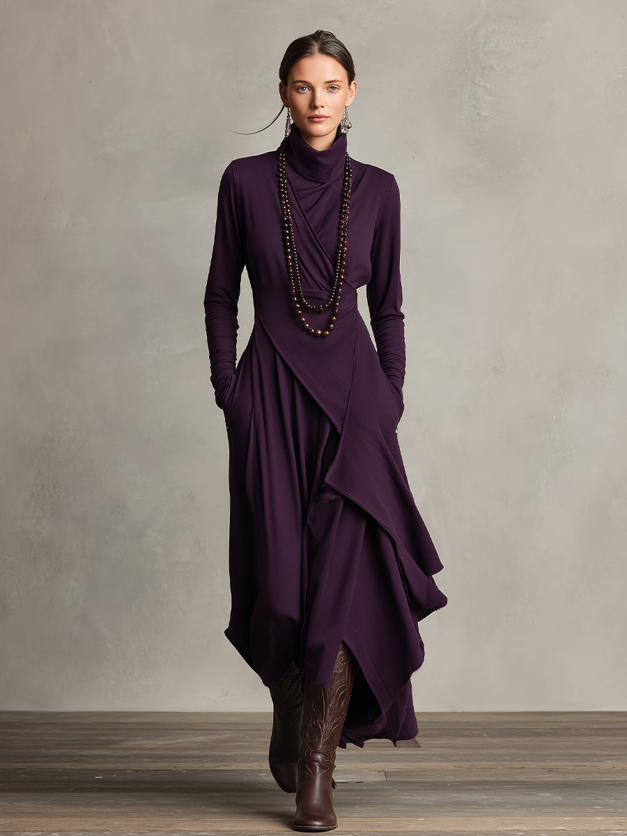 Natalia – Asymmetric Maxi Knit Dress with Turtleneck