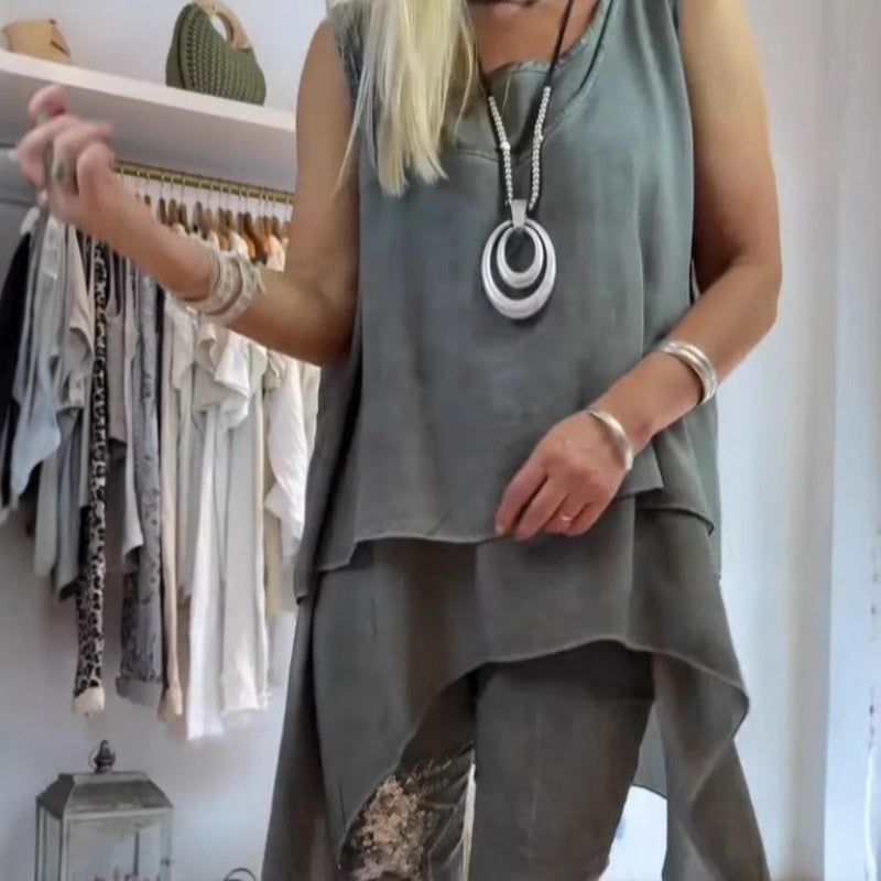 Malia™ | Ensemble Deux Pièces Chic – Haut Sans Manches + Pantalon Imprimé